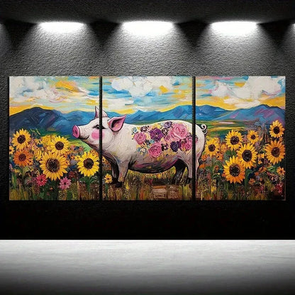 3pcs Pigs in the Fields Sunflower Wall Art Set Canvas Framed 50x70cm – High Quality Print 100% Australian Made Wall Canvas Ready to Hang - Bella Home Decor