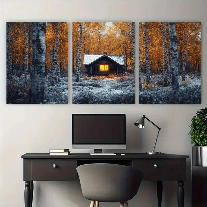 3pcs Nordic Minimalist Autumn Forest in Finland Metal Print Ready to Hang Art