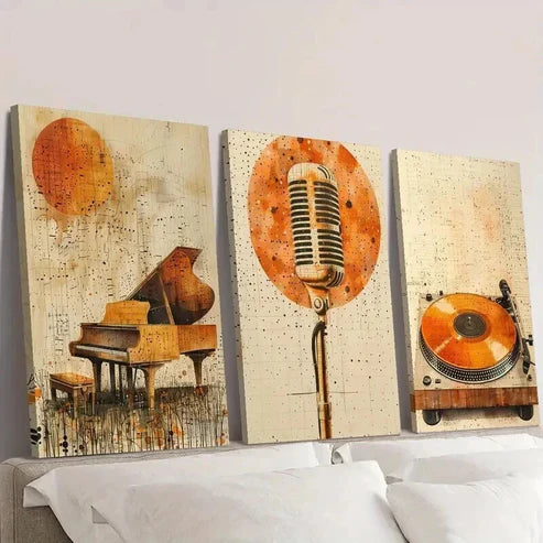 3pcs Golden Piano Microphone & Vinyl Record Wall Art Canvas Unframed - High Quality Print 100% Australian Made Wall Canvas - Bella Home Decor