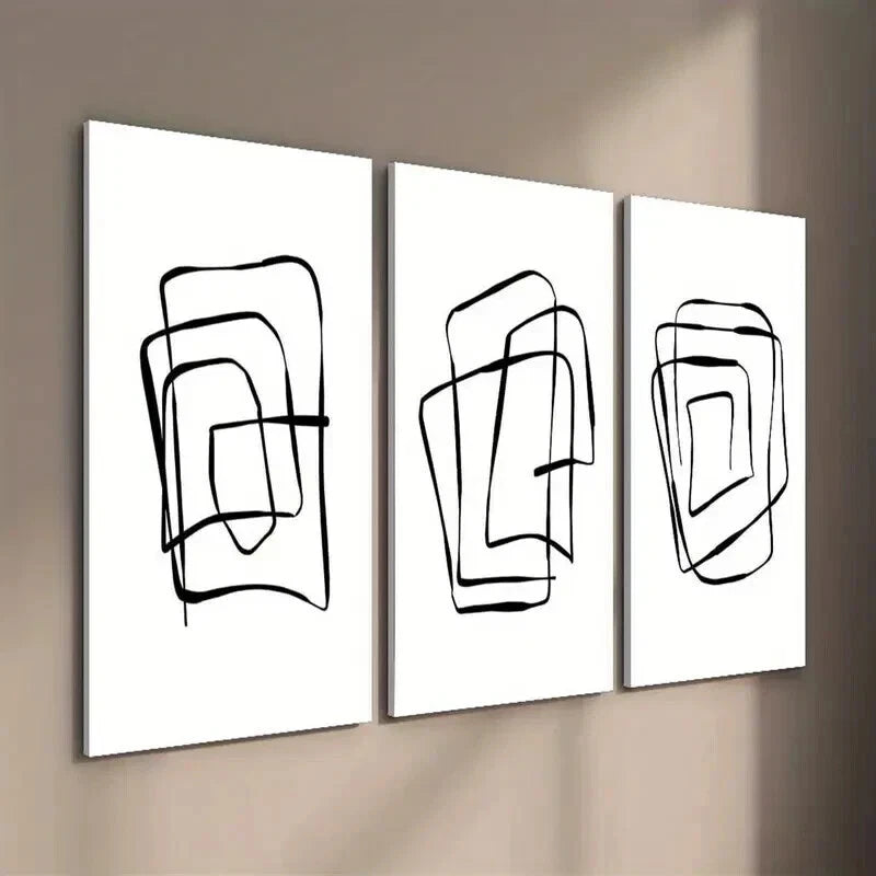 3pcs Modern Abstract Black And White Line Shape Wall Art Set Canvas Framed 60x90cm - High Quality Print 100% Australian Made Wall Canvas Ready to Hang