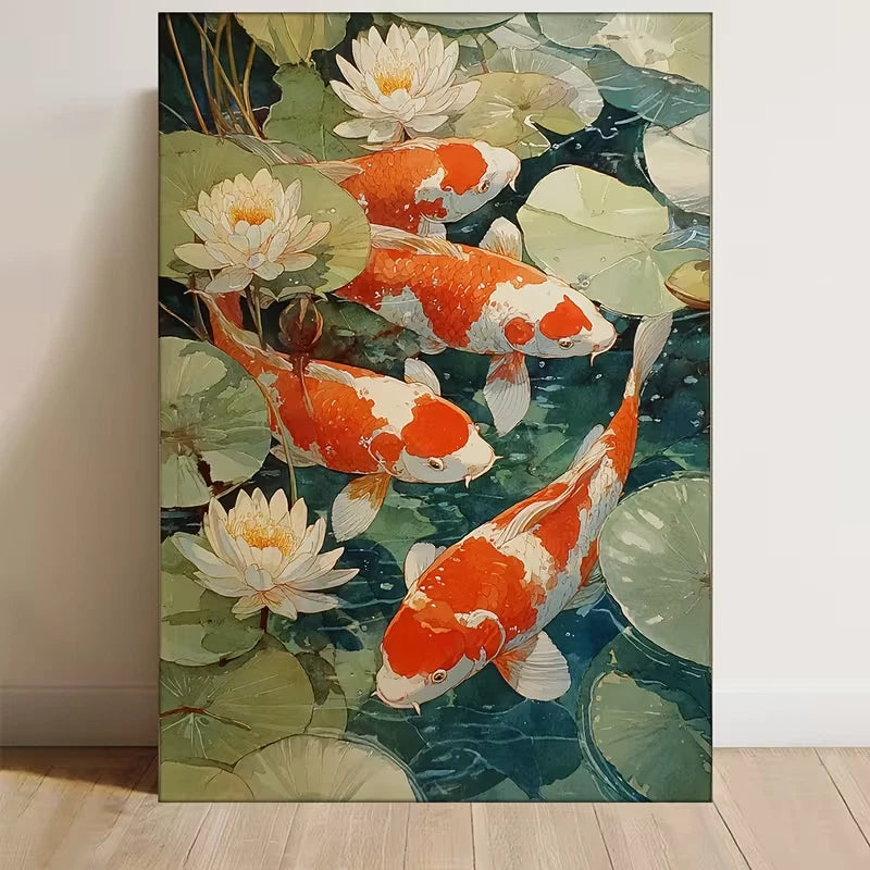 Asian Inspired Koi Fish & for Lotus Pond 60x90cm Metal Print Ready to Hang