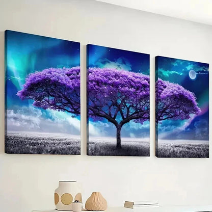 3pcs Purple Tree Life Under Starry Sky Perfect Wall Art Set Canvas Framed 50x70cm - High Quality Print 100% Australian Made Wall Canvas Ready to Hang - Bella Home Decor