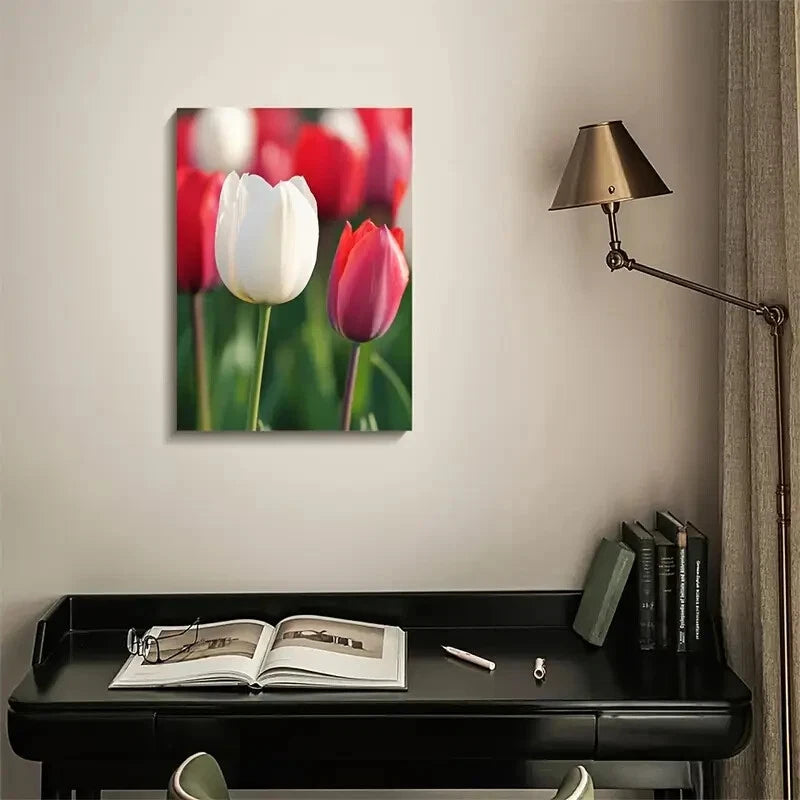 Red & White Tulips with Green Foliage,Painting 40x60cm Metal Print Ready to Hang - Bella Home Decor