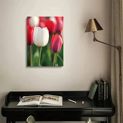 Red & White Tulips with Green Foliage,Painting 40x60cm Metal Print Ready to Hang - Bella Home Decor