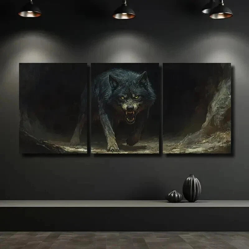 3pcs Glowing Yellow Eyes Wolf Mural Wall Art Set Canvas Framed 50x70cm - High Quality Print 100% Australian Made Wall Canvas Ready to Hang