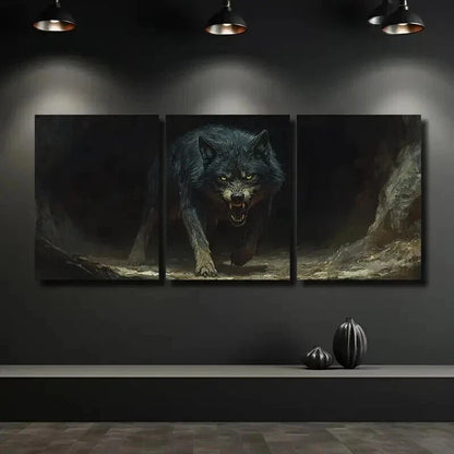 3pcs Glowing Yellow Eyes Wolf Mural Wall Art Set Canvas Framed 50x70cm - High Quality Print 100% Australian Made Wall Canvas Ready to Hang