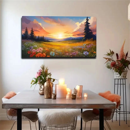 Wildflowers Sunse Warm Feel Wall Art Canvas Office Home Room Framed 120x60cm