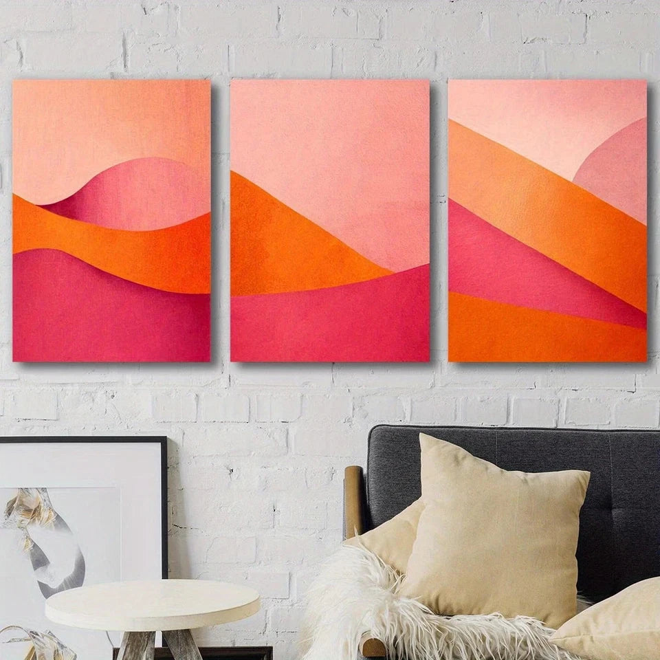 3pcs Vibrant Pink & Orange Abstract Color Field Metal Print Ready to Hang Art