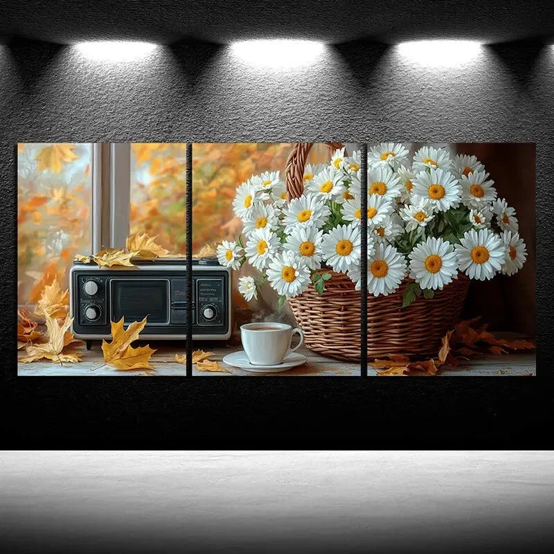 3pcs Daisy Bouquet & Coffee Table Scene Metal Print Ready to Hang Art - Bella Home Decor