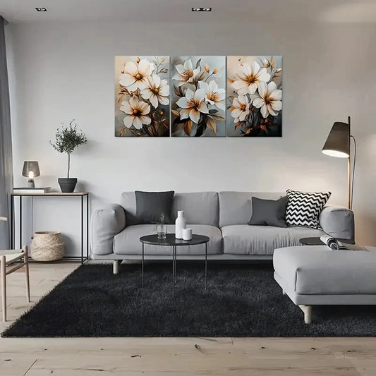 3pcs Abstract Floral Golden Buds Wall Art Set Canvas Framed 60x90cm - High Quality Print 100% Australian Made Wall Canvas Ready to Hang