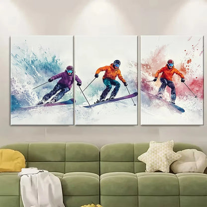3pcs Skiing Painting Metal Print Ready to Hang Art