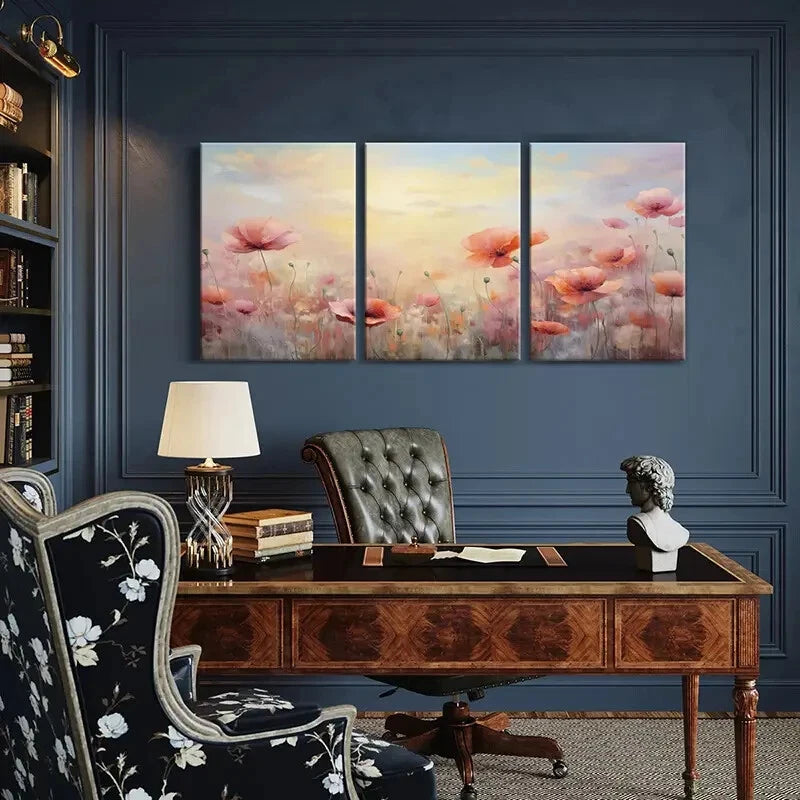 3pcs Poppy Field Soft Pastel Dreamy Lands Colors Metal Print Ready to Hang Art - Bella Home Decor