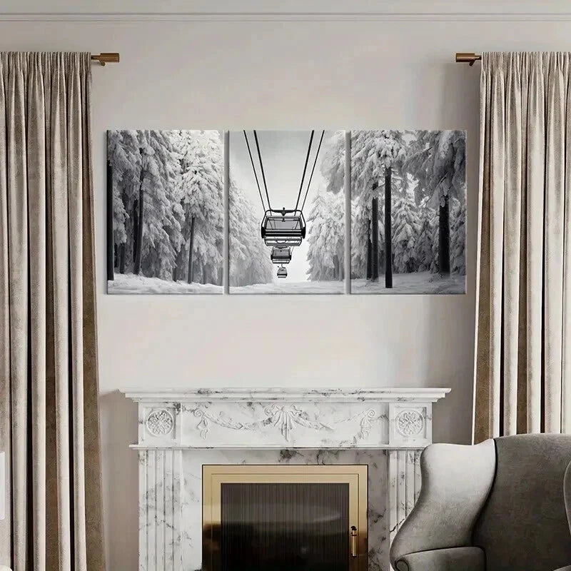 3pcs Ski Lift Black And White Winter Snow Forest Wall Art Set Canvas Framed 50x70cm - High Quality Print 100% Australian Made Wall Canvas Ready to Hang - Bella Home Decor