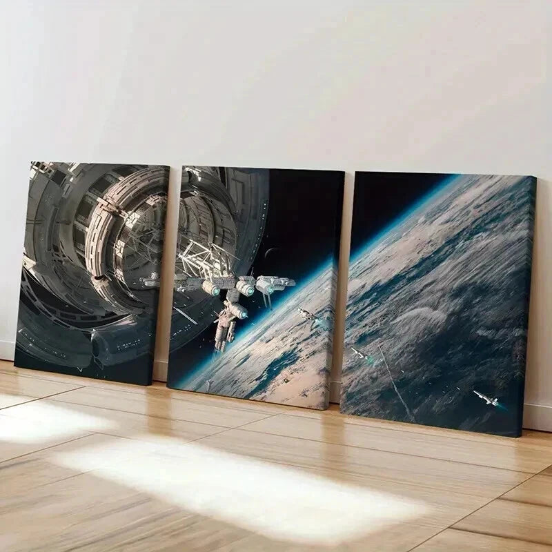 3pcs Spacecraft Satellite and Earth View Wall Art Set Canvas Framed 60x90cm - High Quality Print 100% Australian Made Wall Canvas Ready to Hang - Bella Home Decor