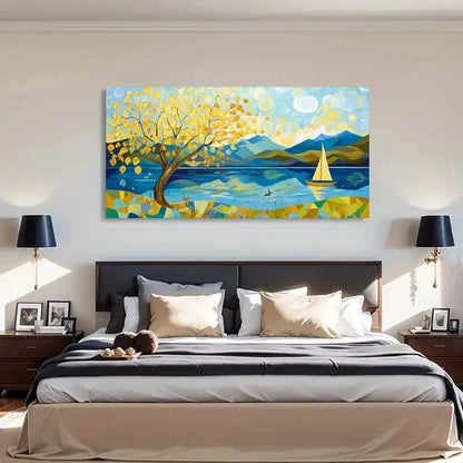 Geometric Yellow Tree Retro Wall Art Canvas Office Home Room Framed 120x60cm