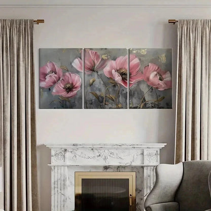 3pcs Abstract Pink Golden Flowers Vintage Wall Art Set Canvas Framed 50x70cm - High Quality Print 100% Australian Made Wall Canvas Ready to Hang - Bella Home Decor
