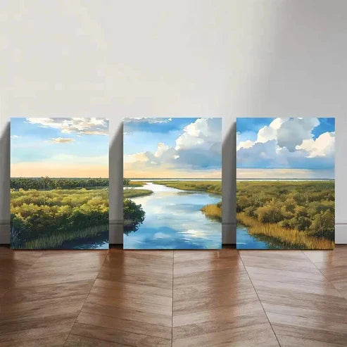 3pcs Serene River & Marsh Watercolor Landscape  Wall Art Set Canvas Unframed - High Quality Print 100% Australian Made Wall Canvas