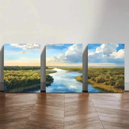 3pcs Serene River & Marsh Watercolor Landscape  Wall Art Set Canvas Unframed - High Quality Print 100% Australian Made Wall Canvas