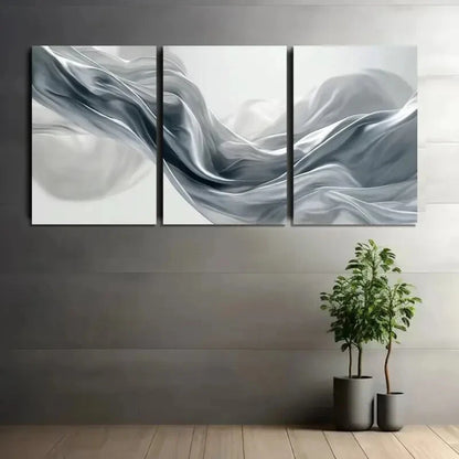 3pcs Gray and Silvery Abstract Shapes Metal Print Ready to Hang Art - Bella Home Decor