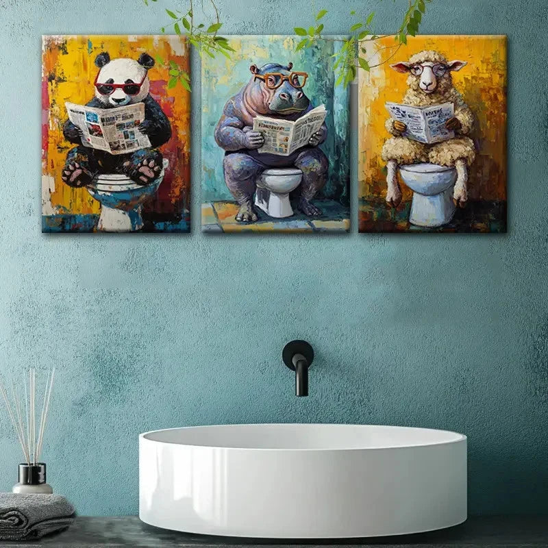 3pcs  Panda, Hippo & Sheep Reading Newspaper   Wall Art Canvas Framed 40x60cm - High Quality Print 100% Australian Made Wall Canvas Ready to Hang - Bella Home Decor