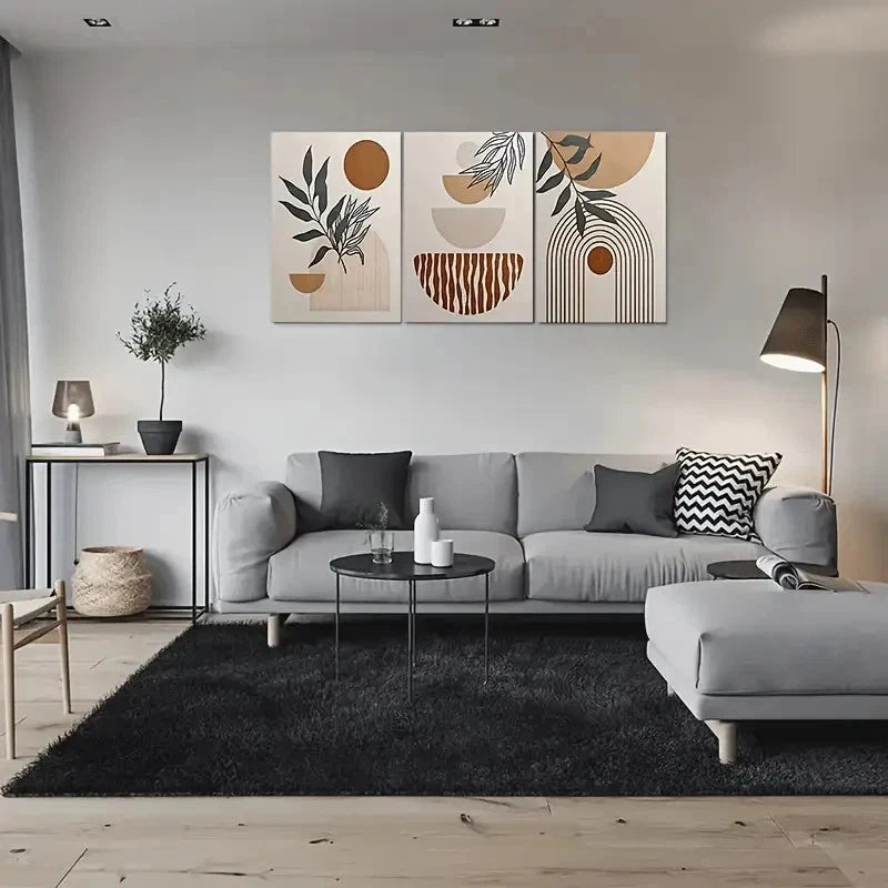 3pcs Geometric Plant Elements Neutral Tones Metal Print Ready to Hang Art - Bella Home Decor