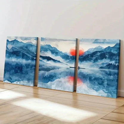 3pcs Traditional Chinese Landscape Sunset Lake Wall Art Canvas Unframed - High Quality Print 100% Australian Made Wall Canvas