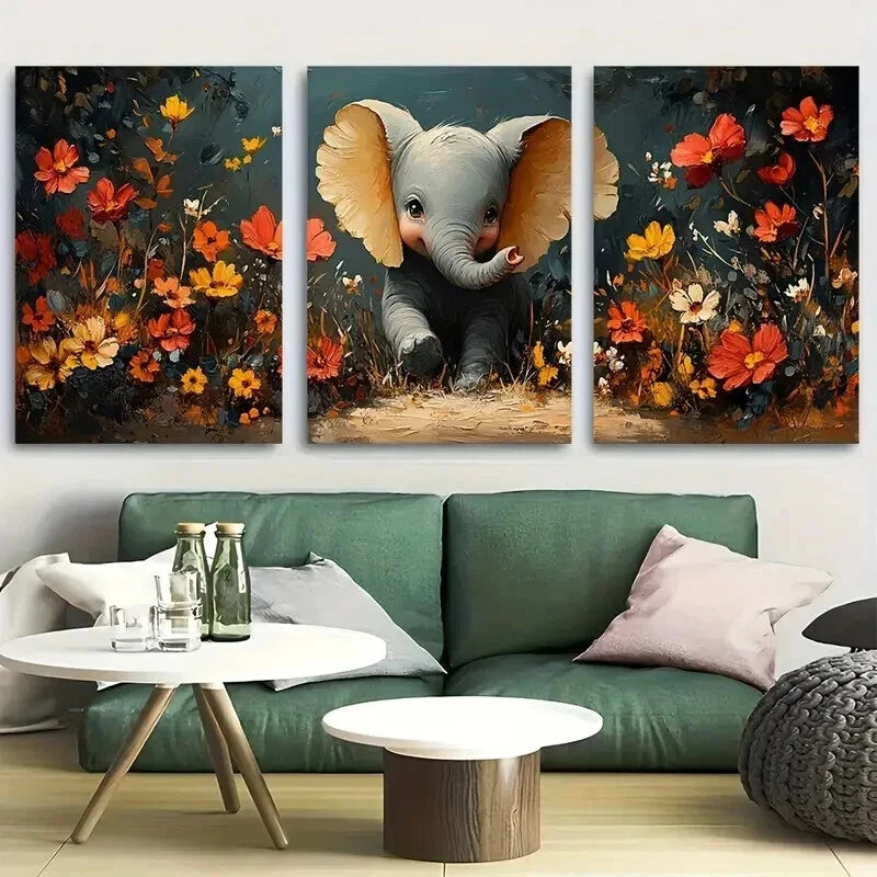 3pcs Playful Elephants Wildflower Perfect Wall Art Set Canvas Framed 60x90cm - High Quality Print 100% Australian Made Wall Canvas Ready to Hang - Bella Home Decor