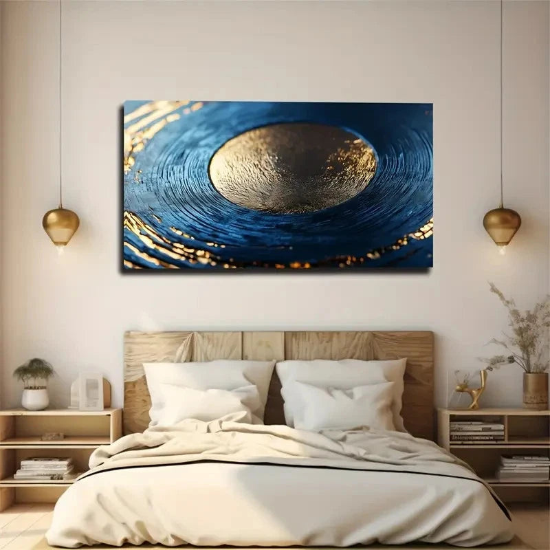 Golden Swirls & Blue Orbit Wall Art Canvas Office Home Room Framed 120x60cm