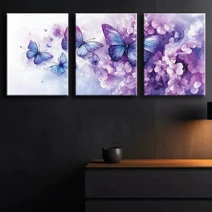 3pcs Blue Butterflies with Floral Accents Wall Art Set Canvas Framed 50x70cm - High Quality Print 100% Australian Made Wall Canvas Ready to Hang - Bella Home Decor