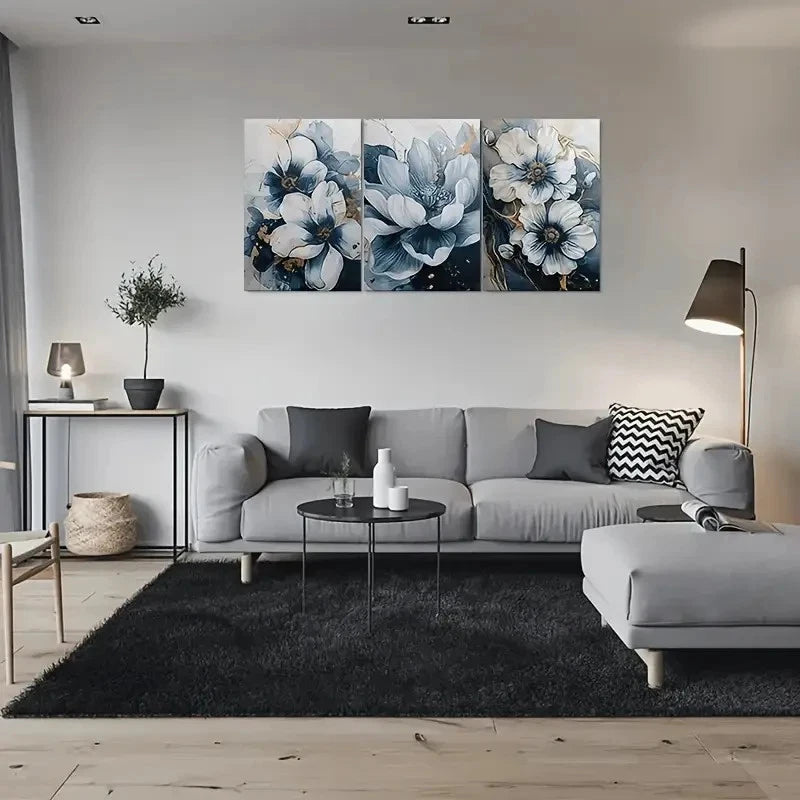 3pcs Blue and White Flowers Decor Metal Print Ready to Hang Art