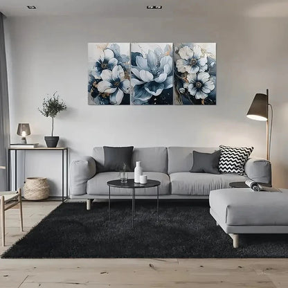 3pcs Blue and White Flowers Decor Metal Print Ready to Hang Art