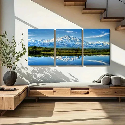 3pcs Snow Mountains Grassland & River Wall Art Set Canvas Unframed - High Quality Print 100% Australian Made Wall Canvas