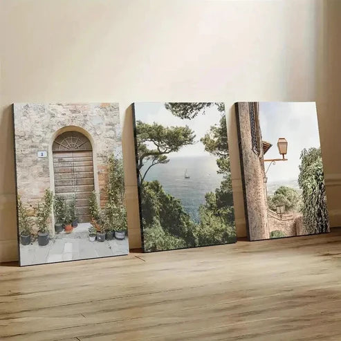 3pcs Mediterranean Landscape with Stone Door Wall Art Canvas Unframed - High Quality Print 100% Australian Made Wall Canvas