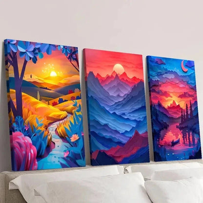 3pcs Rich Valley & Mountain Landscape at Sunset Wall Art Set Canvas Framed 60x90cm - High Quality Print 100% Australian Made Wall Canvas Ready to Hang