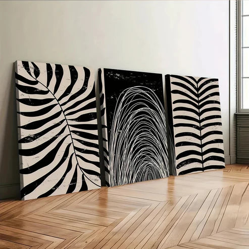 3pcs Abstract Plant Black Leaves White Bohemian Wall Art Set Canvas Unframed - High Quality Print 100% Australian Made Wall Canvas - Bella Home Decor