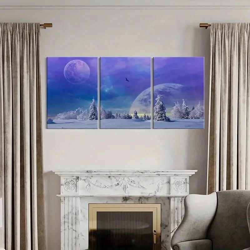3pcs Fantasy Snow Landscape Purple Sky Wall Art Set Canvas Framed 50x70cm - High Quality Print 100% Australian Made Wall Canvas Ready to Hang