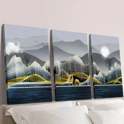 3pcs Elk Trees Mountains River Full Moon Wall Art Set Canvas Unframed - High Quality Print 100% Australian Made Wall Canvas