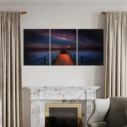 3pcs Starry Sky Night Scene Lake Bridge Wall Art Set Canvas Framed 50x70cm - High Quality Print 100% Australian Made Wall Canvas Ready to Hang