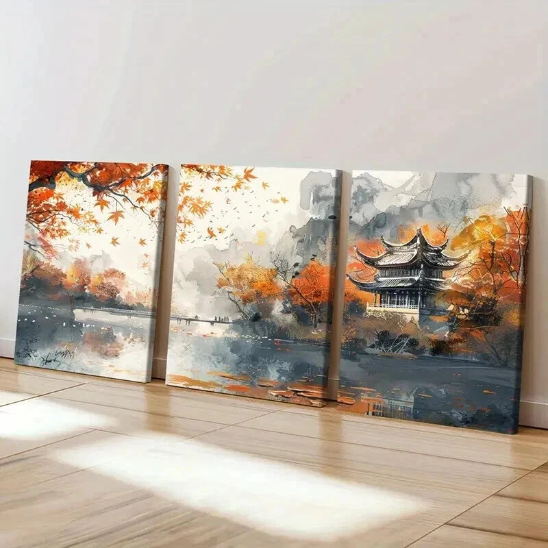 3pcs Autumn Scenery with Pagoda & Mountain River Wall Art Set Canvas Framed 40x60cm - High Quality Print 100% Australian Made Wall Canvas Ready to Hang - Bella Home Decor