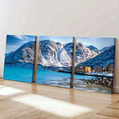 3pcs Snow Mountain Coast Hut Modern Wall Art Set Canvas Framed 60x90cm - High Quality Print 100% Australian Made Wall Canvas Ready to Hang - Bella Home Decor
