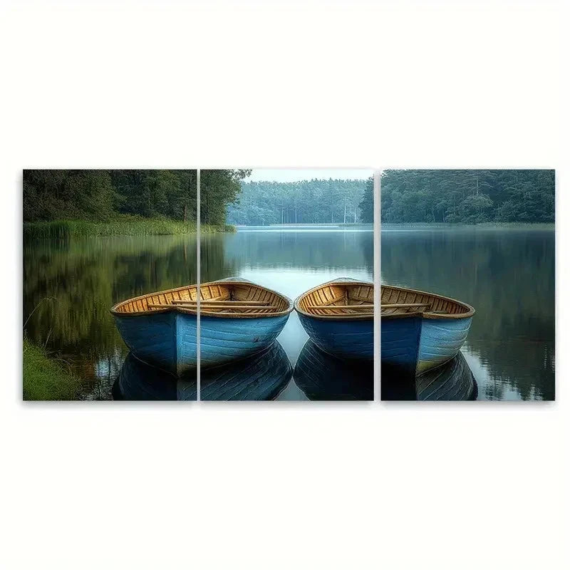 3pcs Serene Blue Rowing Boats on Lake EI  Wall Art Set Canvas Framed 60x90cm - High Quality Print 100% Australian Made Wall Canvas Ready to Hang