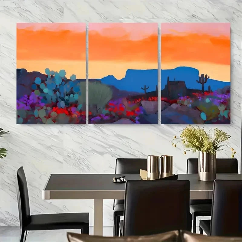 3pcs Vibrant Orange & Purple Saguaro Cactus Metal Print Ready to Hang Art