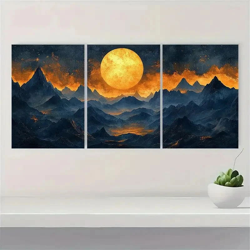 3pcs Golden Moon Dark Blue & Orange Metal Print Ready to Hang Art - Bella Home Decor