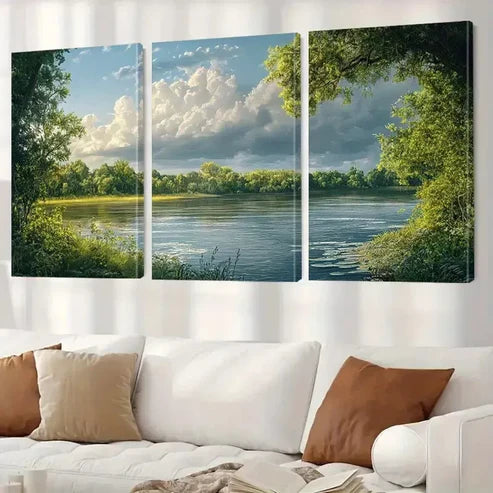 3pcs Serene River & Clouds And Green Art Set Canvas Unframed - High Quality Print 100% Australian Made Wall Canvas