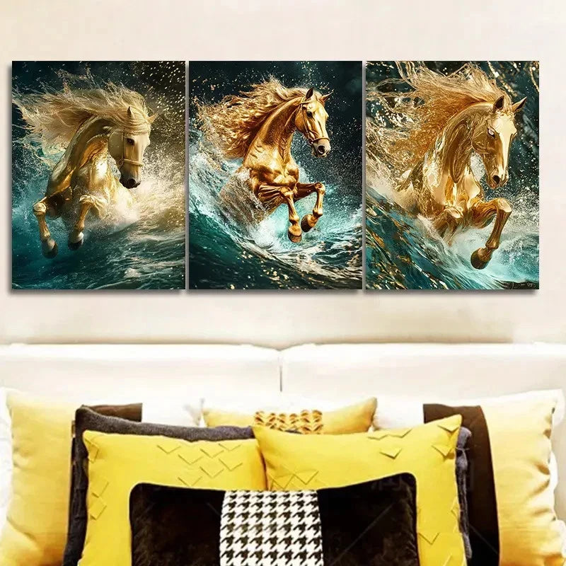 3pcs Golden Horse Classic Modern Style Metal Print Ready to Hang Art - Bella Home Decor