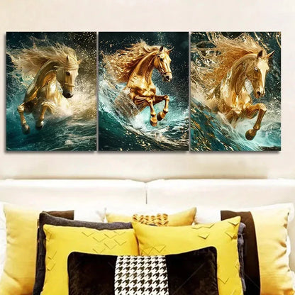 3pcs Golden Horse Classic Modern Style Metal Print Ready to Hang Art - Bella Home Decor