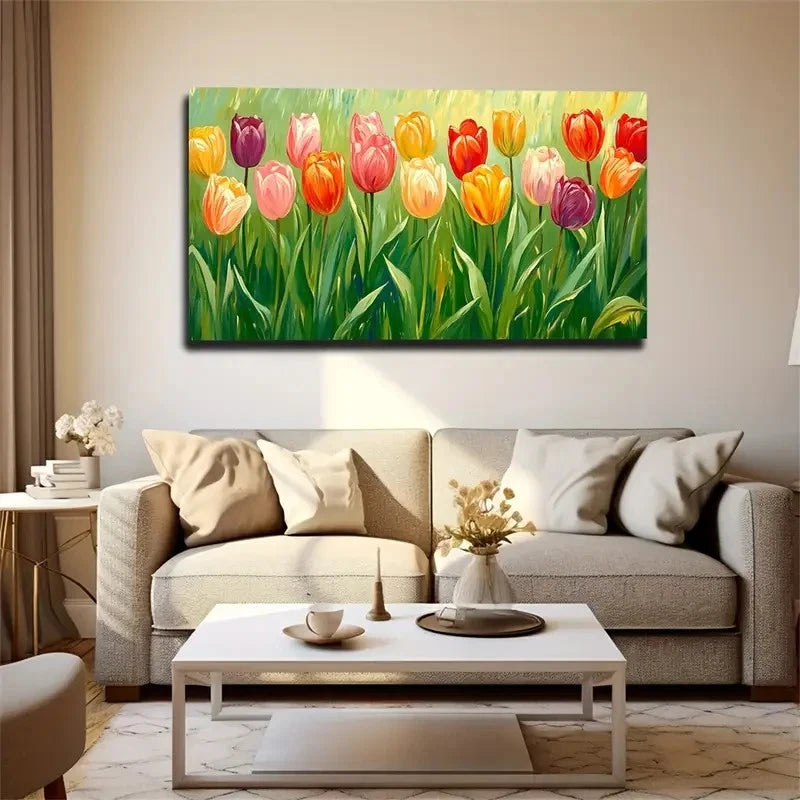 Vibrant Tulip Field Landscape Wall Art Canvas Office Home Room Framed 120x60cm