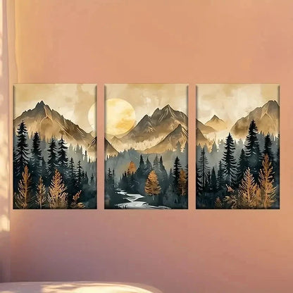 3pcs Mountain Scene with River and Trees Wall Art Set Canvas Framed 50x70cm - High Quality Print 100% Australian Made Wall Canvas Ready to Hang