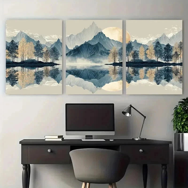 3pcs Vintage Abstract Mountain Lake Tree Perfect Wall Art Set Canvas Framed 50x70cm - High Quality Print 100% Australian Made Wall Canvas Ready to Hang