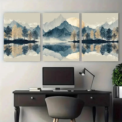 3pcs Vintage Abstract Mountain Lake Tree Perfect Wall Art Set Canvas Framed 50x70cm - High Quality Print 100% Australian Made Wall Canvas Ready to Hang